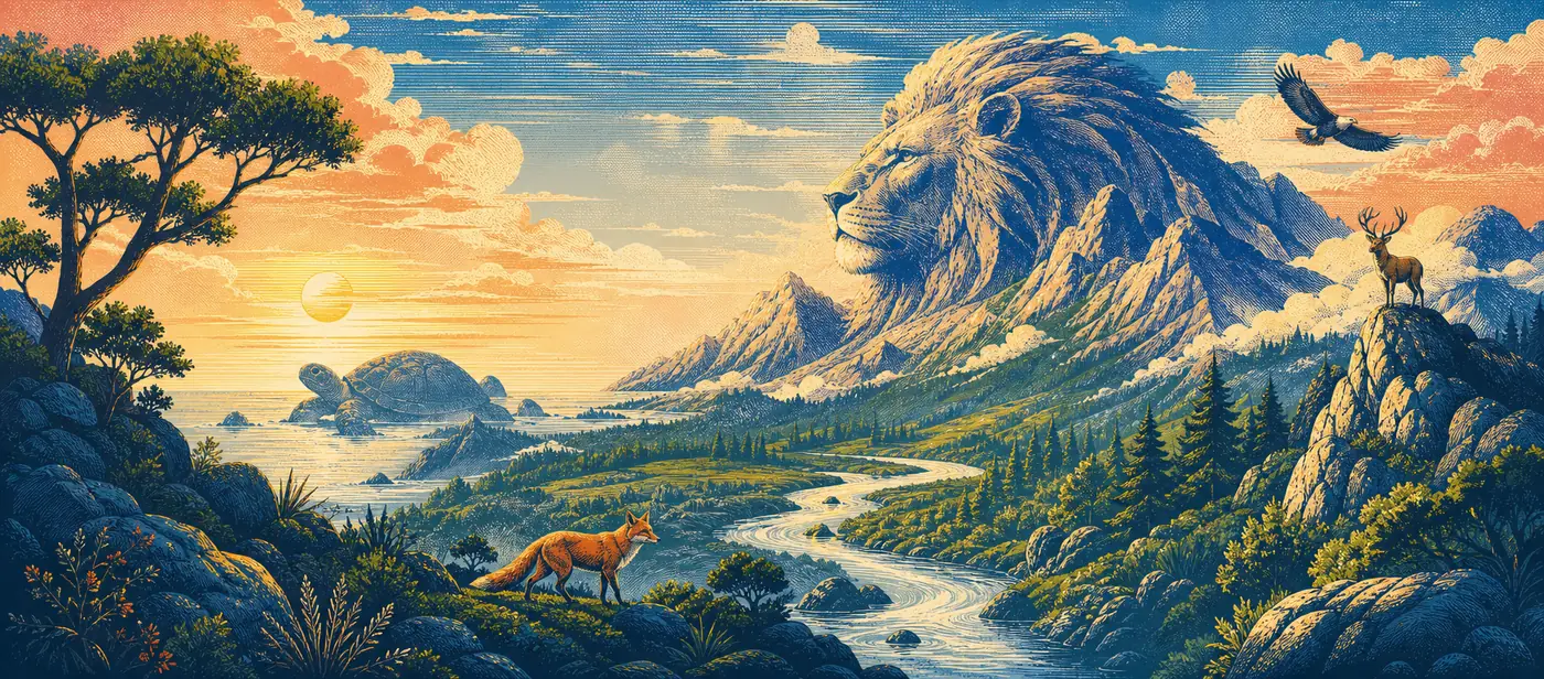 An engraved landscape where a lion-shaped mountain overlooks a fox, deer, eagle, and sea turtle.